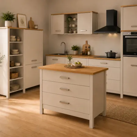 Isola da Cucina Beige Rovere Tavolo Bar con 3 Cassetti Soft-Close