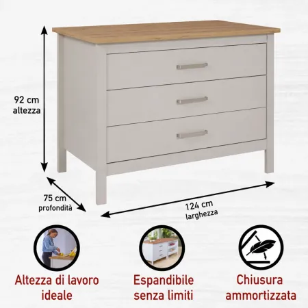 Isola da Cucina Beige Rovere Tavolo Bar con 3 Cassetti Soft-Close