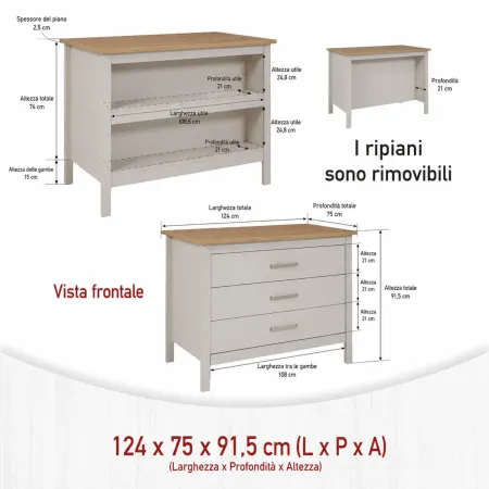 Isola da Cucina Beige Rovere Tavolo Bar con 3 Cassetti Soft-Close