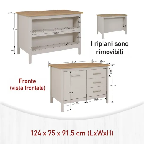 Tavolo Bar da Cucina Beige Rovere Isola con Anta Cassetti Soft-Close