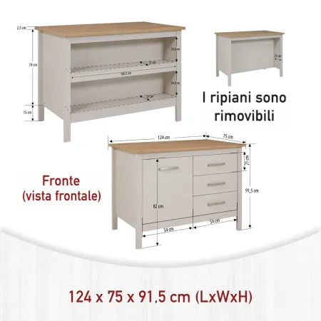 Tavolo Bar da Cucina Beige Rovere Isola con Anta Cassetti Soft-Close
