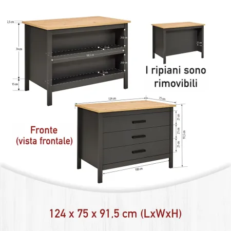 Isola da Cucina Antracite Rovere Tavolo Bar con 3 Cassetti Soft-Close