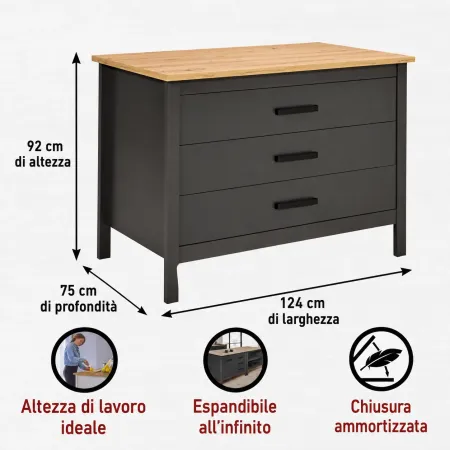 Isola da Cucina Antracite Rovere Tavolo Bar con 3 Cassetti Soft-Close
