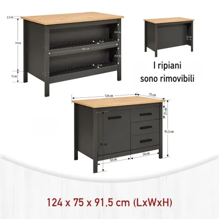 Tavolo Bar da Cucina Antracite Rovere Isola 1 Anta Cassetti Soft-Close
