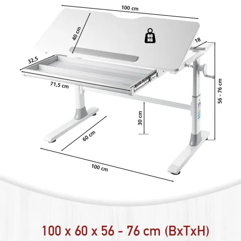 Scrivania Regolabile 100x60 cm con Piano Disegno Inclinabile Cassetto