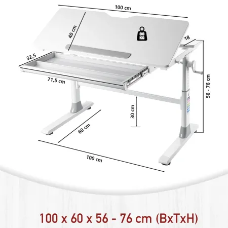 Scrivania Regolabile 100x60 cm con Piano Disegno Inclinabile Cassetto