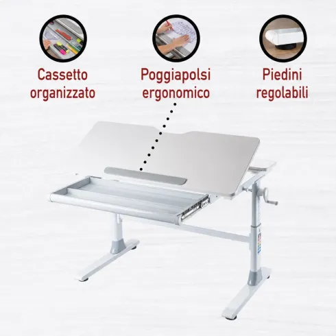 Scrivania Regolabile 100x60 cm con Piano Disegno Inclinabile Cassetto