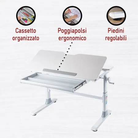 Scrivania Regolabile 100x60 cm con Piano Disegno Inclinabile Cassetto