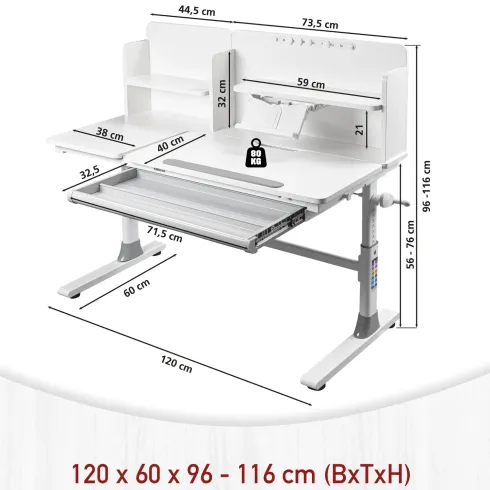 Scrivania per Bambini 120x60 Regolabile con Piano Inclinabile Cassetto