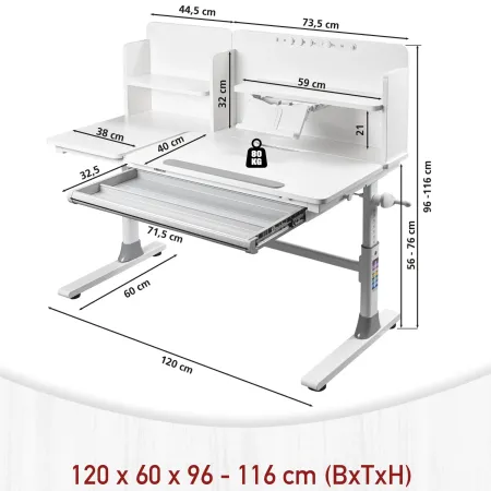 Scrivania per Bambini 120x60 Regolabile con Piano Inclinabile Cassetto