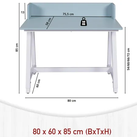 Scrivania Regolabile per Bambini 80x60 cm Bianco Azzurro Metallo MDF