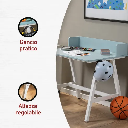 Scrivania Regolabile per Bambini 80x60 cm Bianco Azzurro Metallo MDF