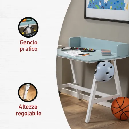Scrivania Regolabile per Bambini 80x60 cm Bianco Azzurro Metallo MDF