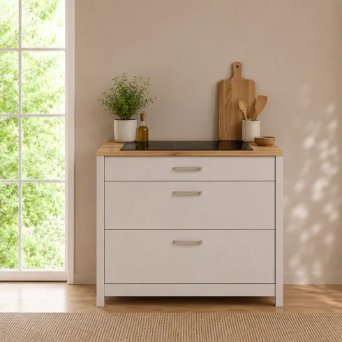 Mobile Cucina Base per Piano Cottura Beige Rovere con 3 Cassetti