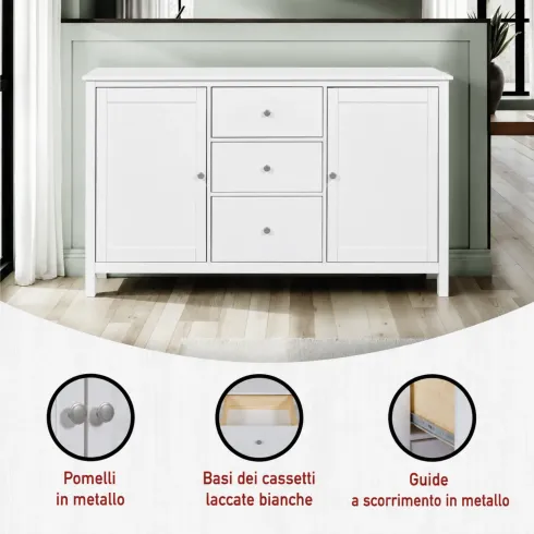 Credenza da Cucina 3 Cassetti 2 Ante in Legno Bianco Madia Moderna