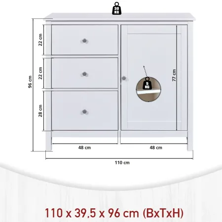 Credenza da Cucina 3 Cassetti 1 Anta in Legno Bianco Madia Moderna