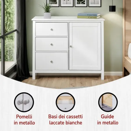 Credenza da Cucina 3 Cassetti 1 Anta in Legno Bianco Madia Moderna