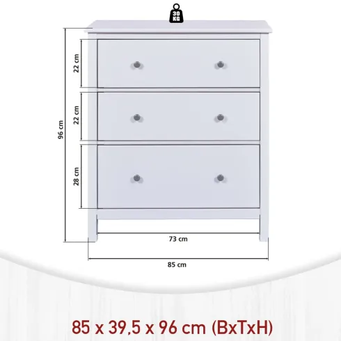Cassettiera Credenza da Cucina 3 Cassetti in Legno Bianco Moderna