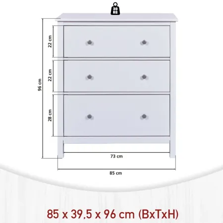 Cassettiera Credenza da Cucina 3 Cassetti in Legno Bianco Moderna