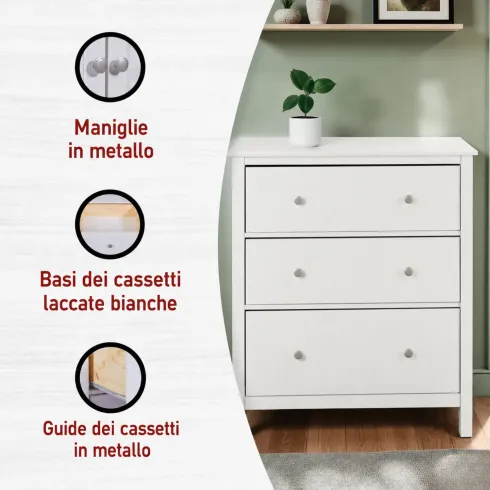 Cassettiera Credenza da Cucina 3 Cassetti in Legno Bianco Moderna