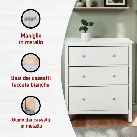 Cassettiera Credenza da Cucina 3 Cassetti in Legno Bianco Moderna