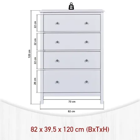 Cassettiera Credenza da Cucina 4 Cassetti in Legno Bianco Moderna