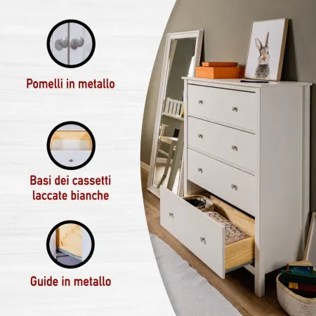 Cassettiera Credenza da Cucina 4 Cassetti in Legno Bianco Moderna
