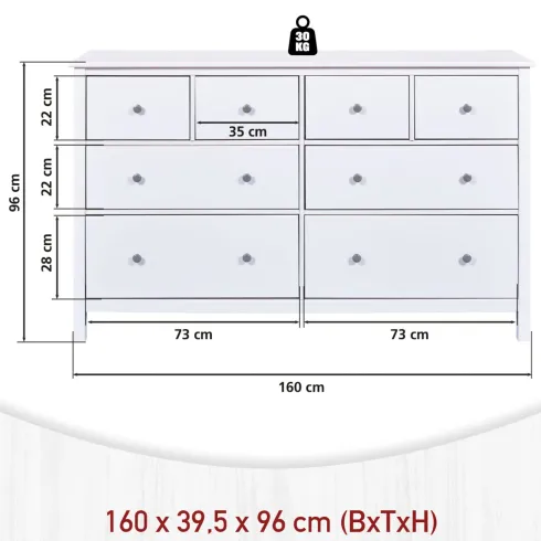 Credenza da Cucina Cassettiera 8 Cassetti in Legno Bianco Moderna