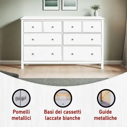 Credenza da Cucina Cassettiera 8 Cassetti in Legno Bianco Moderna