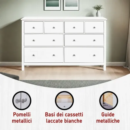 Credenza da Cucina Cassettiera 8 Cassetti in Legno Bianco Moderna