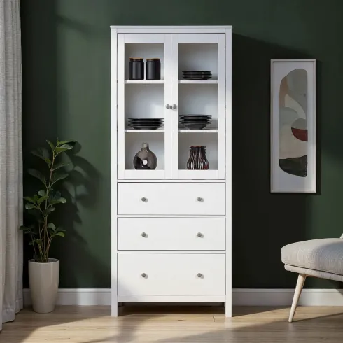 Vetrina Soggiorno Credenza Bianco 3 Cassetti 2 Ante in Legno MDF