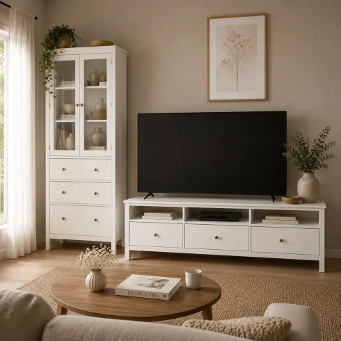 Vetrina Soggiorno Credenza Bianco 3 Cassetti 2 Ante in Legno MDF