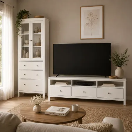 Vetrina Soggiorno Credenza Bianco 3 Cassetti 2 Ante in Legno MDF