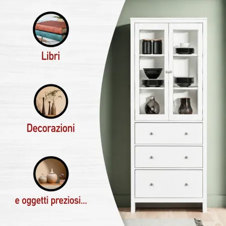 Vetrina Soggiorno Credenza Bianco 3 Cassetti 2 Ante in Legno MDF
