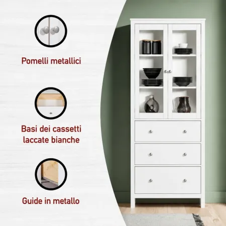 Vetrina Soggiorno Credenza Bianco 3 Cassetti 2 Ante in Legno MDF