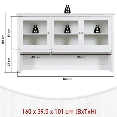 Pensile Vetrina Soggiorno Bianco Laccato 3 Ante in Vetro Legno MDF