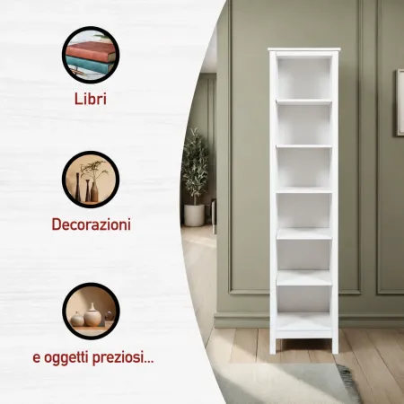 Mobile Libreria Soggiorno Camera Alta in Legno MDF Bianco 6 Ripiani