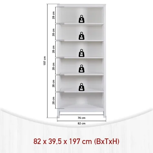 Libreria Soggiorno Camera Mobile 82 cm in Legno MDF Bianco 6 Ripiani