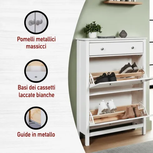 Scarpiera da Ingresso Mobile con 2 Ante Ribalta Cassetto Legno Bianco