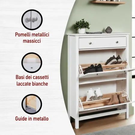 Scarpiera da Ingresso Mobile con 2 Ante Ribalta Cassetto Legno Bianco