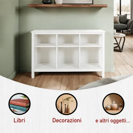 Scaffale Libreria Soggiorno Ingresso in Legno Massello Bianco 6 Vani