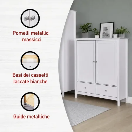 Mobile Contenitore Bianco 2 Ante 2 Cassetti Armadio Camera da Letto