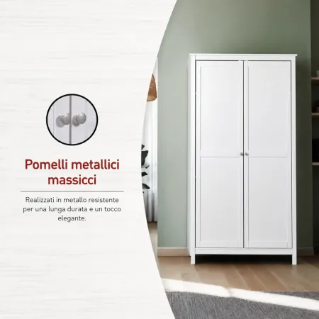 Armadio Camera da Letto 2 Ante con Asta Appendiabiti Legno Bianco