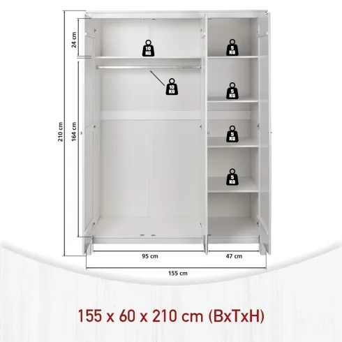 Armadio Camera da Letto 3 Ante Asta Appendiabiti Ripiani Bianco