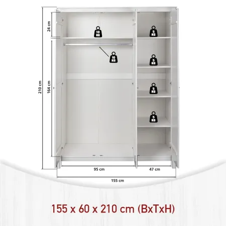 Armadio Camera da Letto 3 Ante Asta Appendiabiti Ripiani Bianco