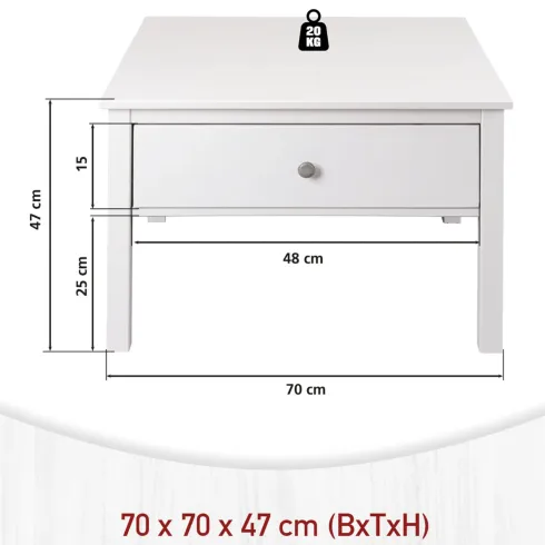 Tavolino da Caffè Quadrato 70x70 da Salotto in Legno Bianco con Cassetto