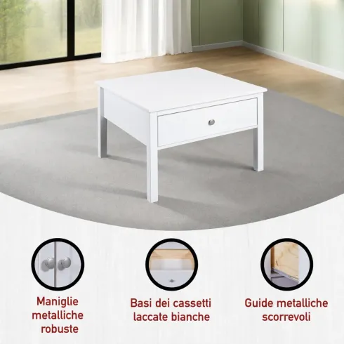 Tavolino da Caffè Quadrato 70x70 da Salotto in Legno Bianco con Cassetto
