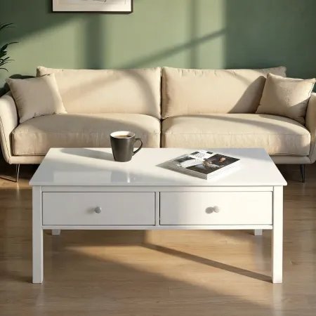 Tavolino da Caffè Rettangolare 110x70 da Salotto Legno Bianco Cassetto