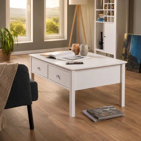 Tavolino da Caffè Rettangolare 110x70 da Salotto Legno Bianco Cassetto
