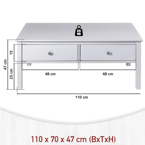 Tavolino da Caffè Rettangolare 110x70 da Salotto Legno Bianco Cassetto
